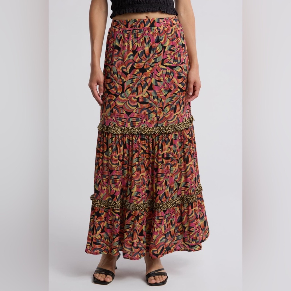 DR2 by Daniel Rainn Double Ruffle Tropical Floral Pattern Maxi Skirt Size XS